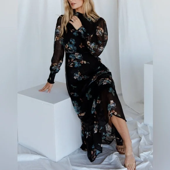 Baltic Born Luciana Floral High Neck Long Sleeve Maxi Dress Black Blue Sz Large - Picture 6 of 15
